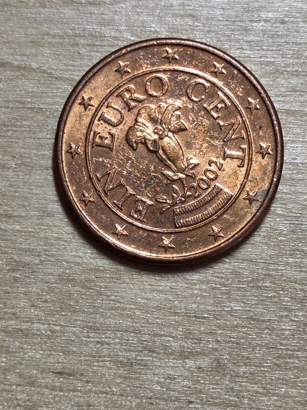 Austria 1-euro cent coin, 2002. KM# 3082, copper-plated steel. Gentian flower.