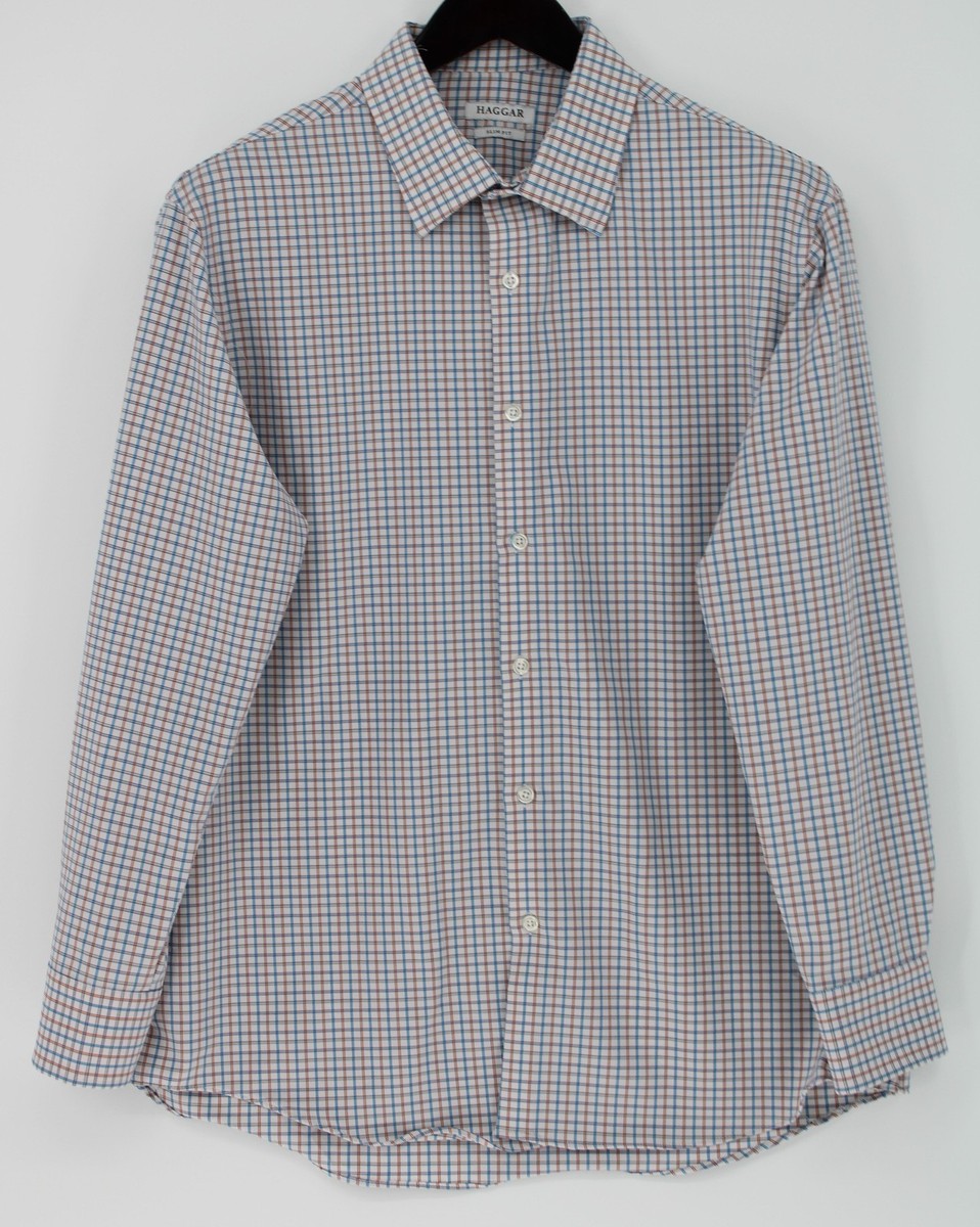 Haggar Dress Shirt Mens 16.5 32/33 Blue Check Slim Fit Stretch Long Sleeve | eBay Haggar Dress Shirt Mens 16.5 32/33 Blue Check Slim Fit Stretch Long Sleeve | eBay