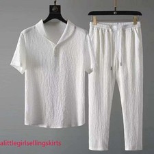 Summer Men's 2pc Cotton Linen Walking Suit Short Sleeve Casual Shirt  Pants