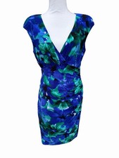 Ralph Lauren Dress Womens 10 Blue Green Floral Faux Wrap Career Midi Sheath