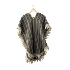 Vintage Poncho Blanket Sweater Pullover Fringe Boho Wool One Size Unisex READ