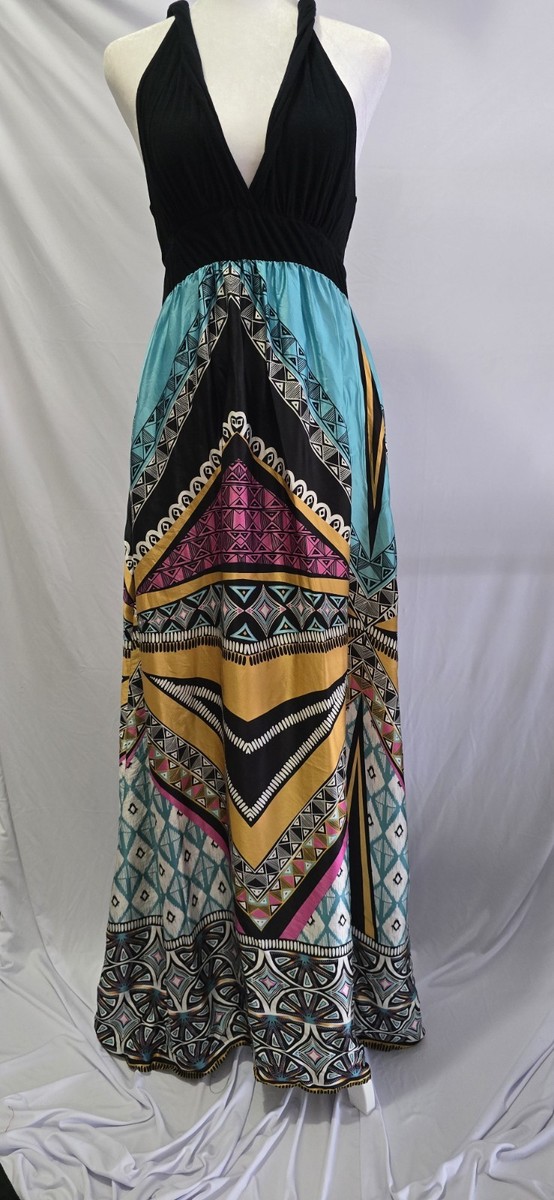 Eight Sixty 100% Silk Geometric Halter Maxi Dress M Boho Tribal Festival  V-Neck