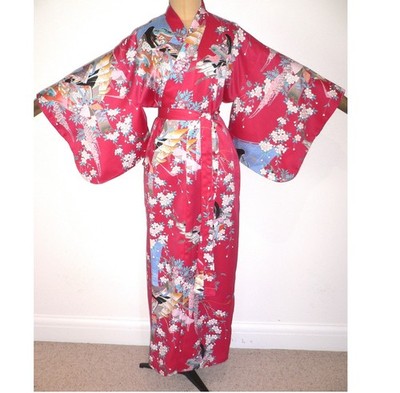 VINTAGE TIEFROSA SEIDIG JAPANISCH HERGESTELLT KIMONO STIL MORGENMANTEL Prinzessin Blumen