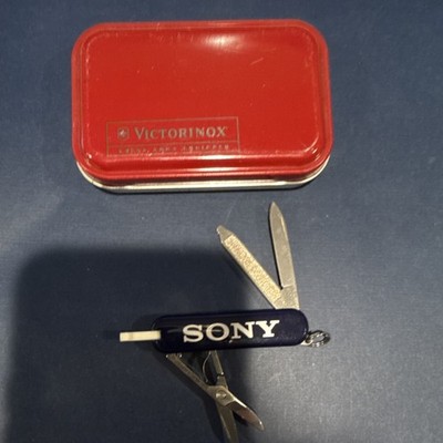 Victorinox Blue Multi-Tool Stainless Steel Knife Sony Branding Red Tin Case
