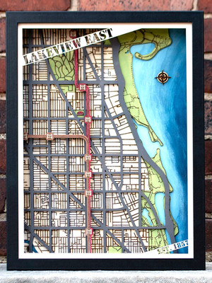 Lakeview East Chicago 3D Wood Layered Map. Custom Made to Order, Framed w/Glass