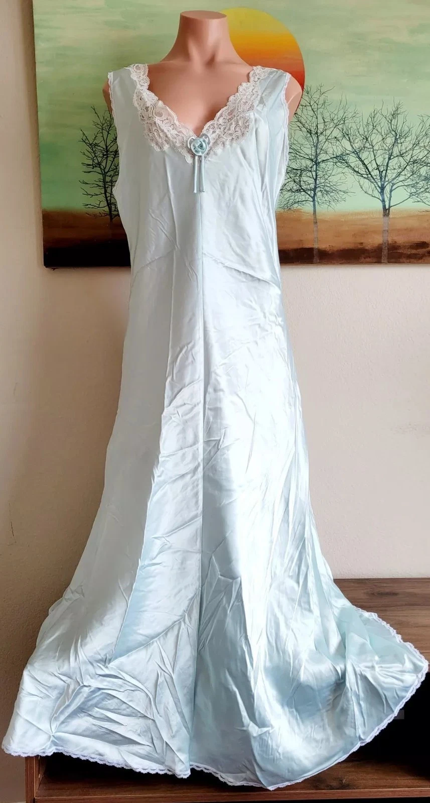 Camicia da notte lunga vintage Christian Dior donna verde chiaro abito slip L pizzo nylon