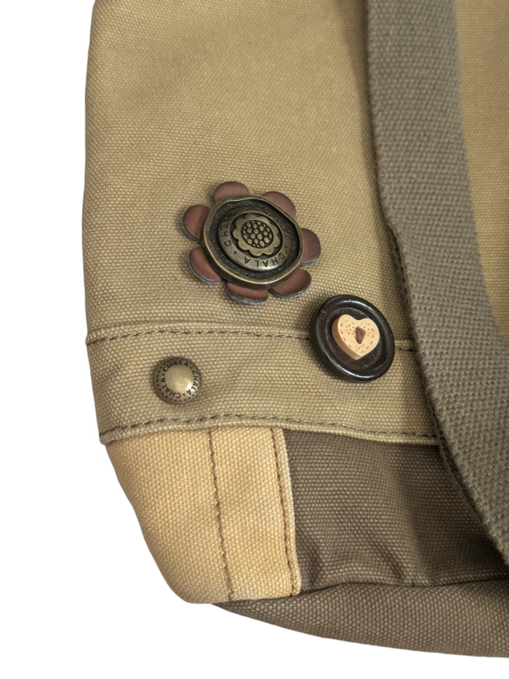 New Chala Olive Green Patch Crossbody Messenger Bag Canvas w/ Leather and Brass - Image 4 of 4