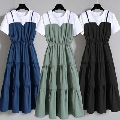 Damen Fake Zweiteiler Sommerkleid Kurzarm Taille Slim Blockkleid