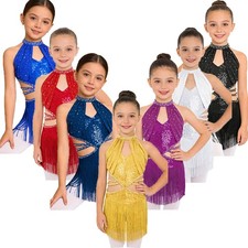 Kids Girls Dress Glittery Costume Bodice Dancewear Ballroom Sleeveless Rave