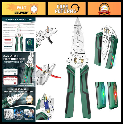 14-in-1 Rechargeable Wire Stripping Pliers with Voltage Tester & Alarms, 12-250V