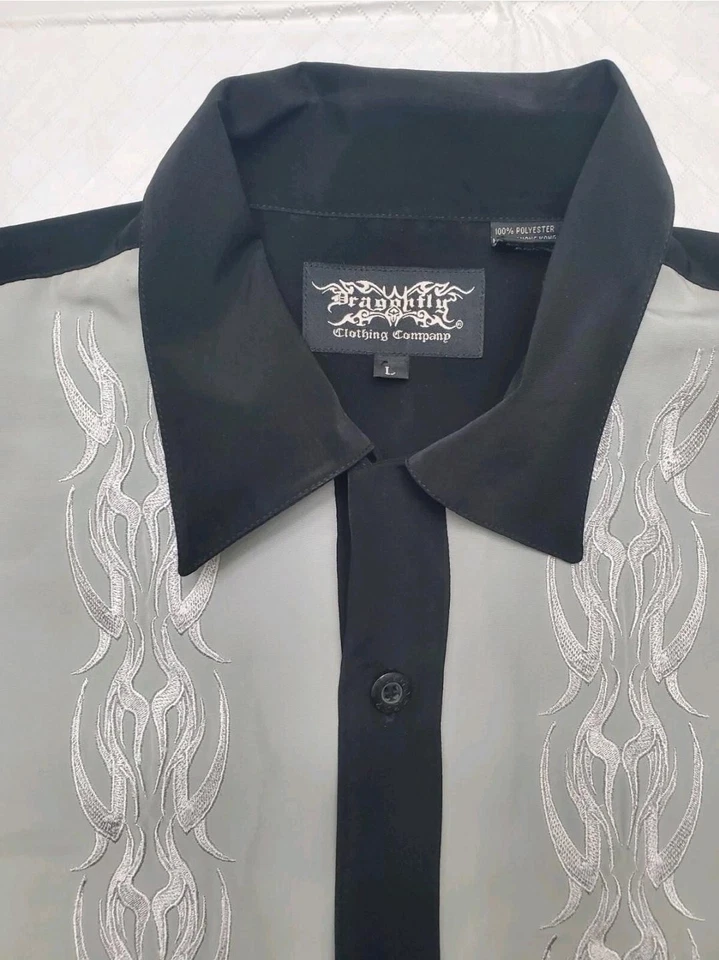 Dragonfly Shirt Mens Large Black Gray Tribal Embroidered Button Up Bowling Style - Image 2 of 4