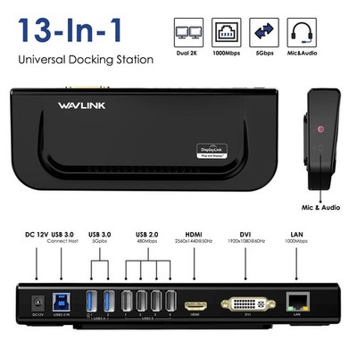 Wavlink Displaylink Docking Station Gigabit Dual Display HDMI/DVI/VGA/RJ45 6 USB