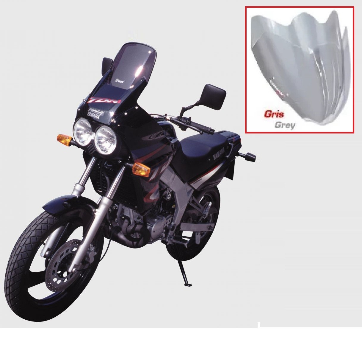 Pare brise Yamaha TDR 125 avec bulle HP Ermax +16 cm, saute-vent gris à fixation 2 trous 1993-2004