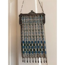 Antique Whiting Davis Art Deco Mesh Evening Bag Blue Green Geometric Kiss Lock