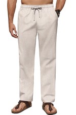 Mens Casual Linen Pants Lightweight Summer Beach Loose Fit Drawstring Trousers