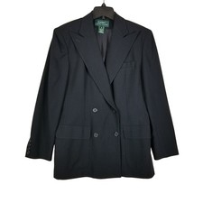 Lauren Ralph Lauren Blazer Women 8 Black Worsted Wool Double Breasted Peak Lapel