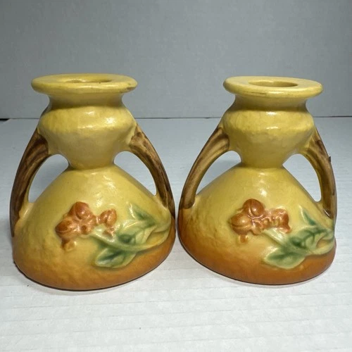 2 Vintage 1950's Roseville Pottery Yellow Bittersweet Candle Holders Lot Of 2