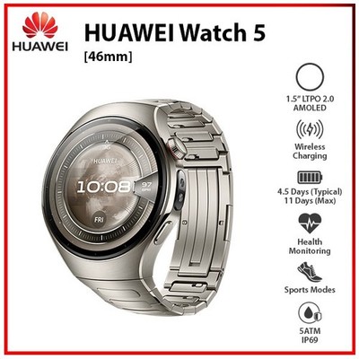 (New) Huawei Watch 5 46mm SILVER 1.5'' AMOLED Bluetooth iOS Android Smartwatch