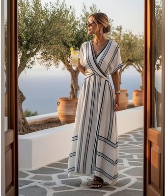 ebay boho maxi dress Womens Wrap V-Neck Off White/Navy Striped Flowy Dress XL NWT BFRIDAY25 Buy Women's Dresses Holiday Size:UK 16/US 12