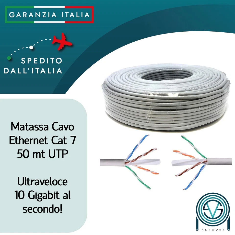 VSNETWORK Cavo di rete cat 7 UTP flessibile grigio 50 mt ethernet matassa cat7 tondo Gigab