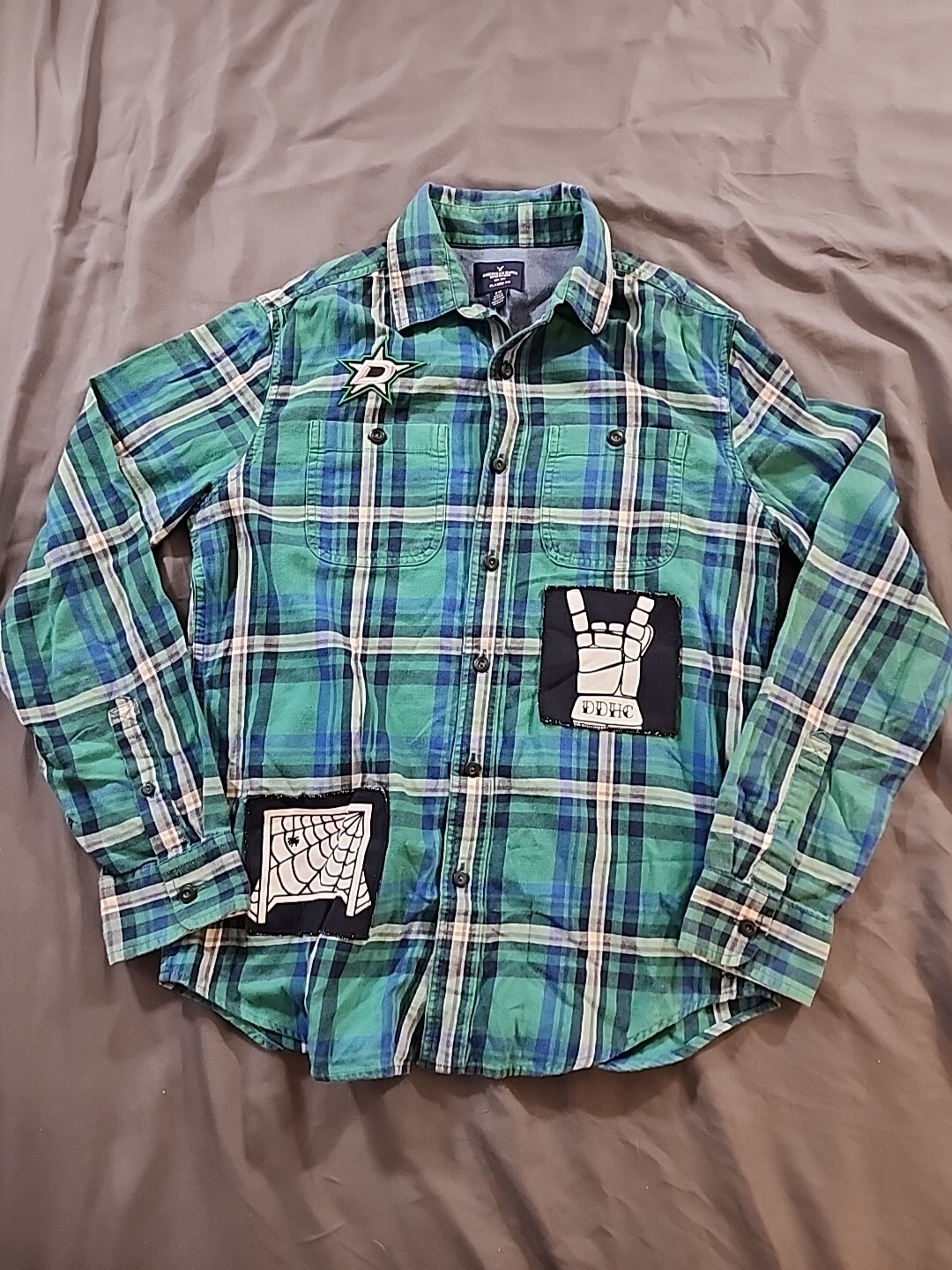 Upcycled Green Flannel Shirt for Women Grunge Camp Rock Country Concert Music Style Small Size-image