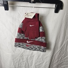 NWT Boys Nike 2 Piece Hat  Gloves Swoosh Beenie Just Do It Maroon/Grey