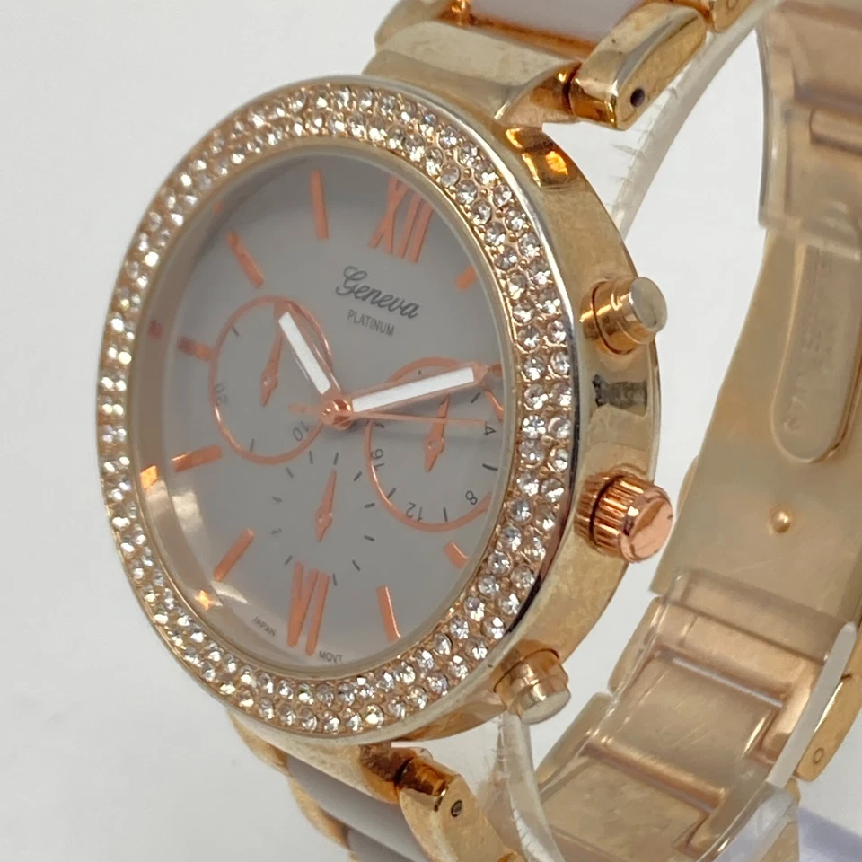 Reloj Geneva Mujer Tono Oro Rosa Gris 39mm Bling Bisel Pavé Batería Nueva 7" Foto 4 de 4
