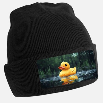 Black Beanie Hat with Cool Rubber Duck Motif - Unisex Cap, Cotton