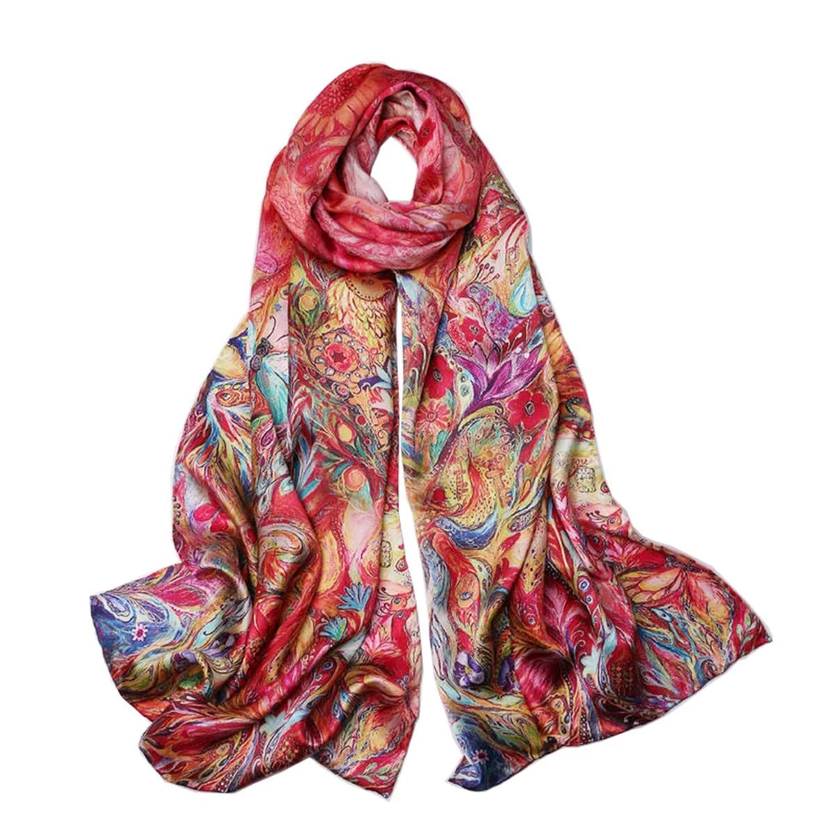 100% Mulberry Silk Scarfs for Women Floral Print Satin Long Scarf for Headsca...