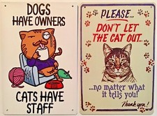 8x12 TIN SIGNS 2 pc SET Funny don  t cat out pet staff feline kitty wall door