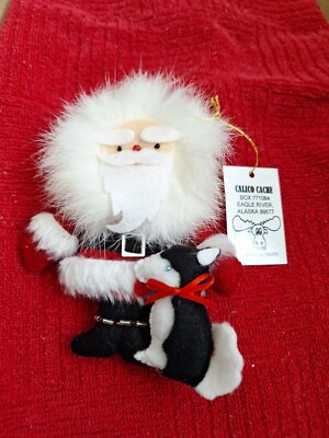 SANTA Felt & Real Fur Ornament w/Husky Calico Cache Naomi Leonard 5'' Alaska
