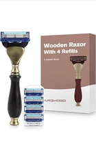 Wooden 5 Blades Cartridge Shaving Razor Handle for Men Women with 4 Refill Blade