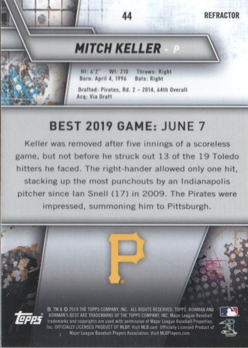 2019 Bowman's Best Baseball Refractor Parallel #44 Mitch Keller - Picture 2 of 2