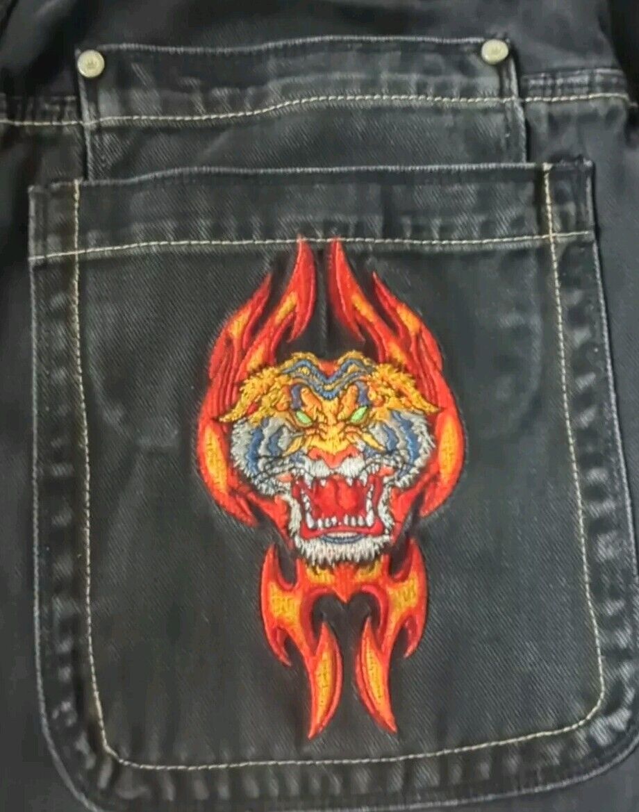 Vintage JNCO Jeans 32x27 Flaming Tiger Embroidered USA Wide Vintage JNCO Jeans 32x27 Flaming Tiger Embroidered USA Wide