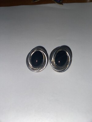 Estate Jewelry. Sterling Silver Peter Brams PBD Black Onyx Oval Clip On Earrings