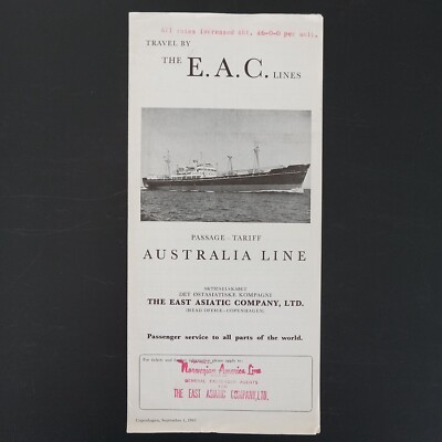 E.A.C. Lines Australia Line Cargo Cruises Passenger Fares 9/1/1961 2pg Brochure