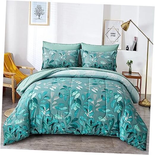 Botanical Comforter Set Size 7 Pieces Teal Floral Leaves Reversible Queen Green