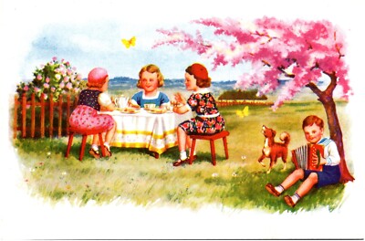 Girls Tea Party & Boy Playing Accordion with Singing Dog 1930s Latvian Postcard