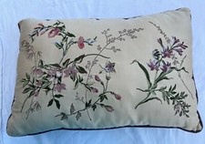 Embroidered Floral Throw Pillow Pink Purple Yellow Flowers Satin 17" x 12"