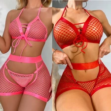 Women's Sexy Fishnet Lingerie Bra Top with Shorts G-string Nightwear Babydoll US
