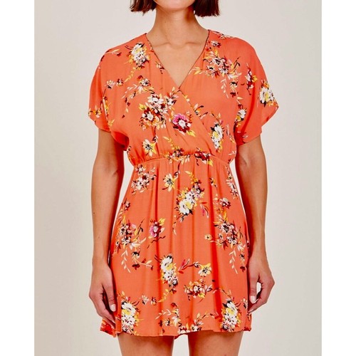 OBEY Pinot Floral Mini Dress Dolman Surplice Coral Pink Orange Boho ~ X-Small - Picture 10 of 13
