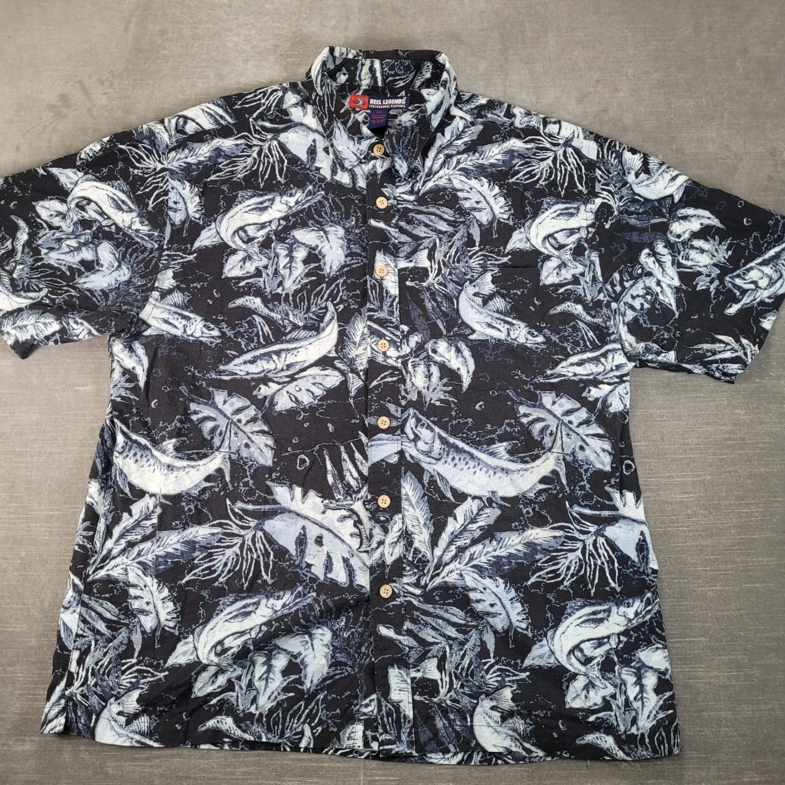 Reel Legends Mens XXL Fishing Shirt Black White Fish Tropical Print Button Up