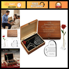 Engraved Wooden Anniversary Gift Set with Crystal Heart 24K Gold Rose - Unique