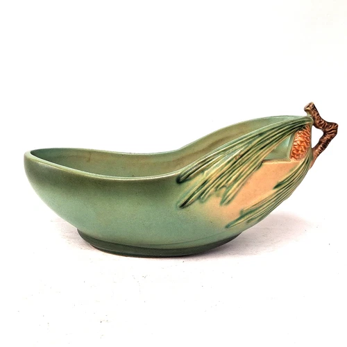 Vintage Roseville Pottery Pinecone Green Bowl Branch Handle Art Pottery