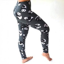 Panda Eating Bamboo Print Soft Stretchy High Waist Charcoal Gray Leggings