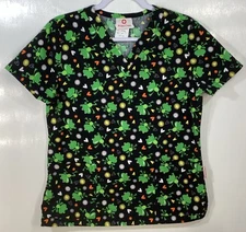 Scrub Top womens size S small Frogs Flowers Hearts Happy black green White Cross