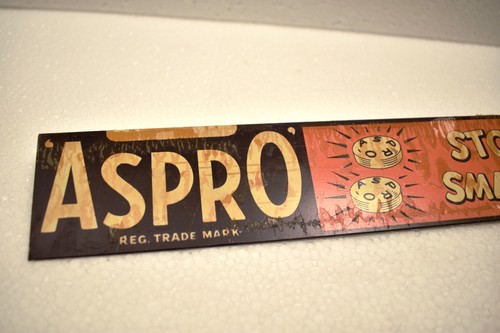 Vintage ASPRO Tin Counter Display Sign Stops Pain Smashes Colds 11x2" Pharma Ad - Picture 2 of 8