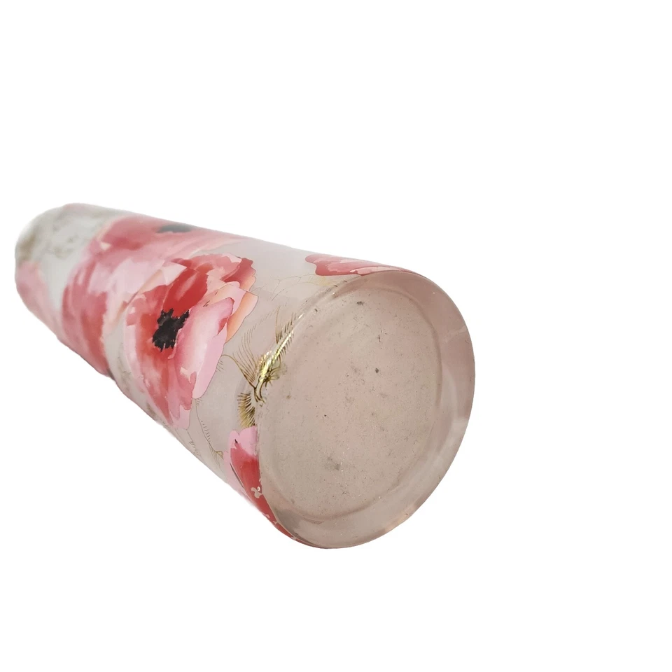 Jarrón alto de 14" con amapolas rojas y rosas, filigrana dorada, vidrio cilíndrico Foto 4 de 4