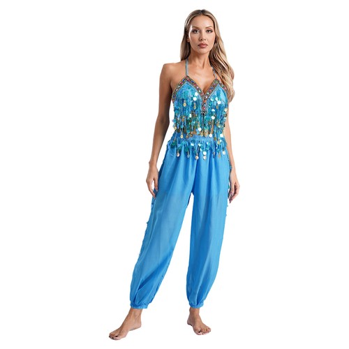 Womens Dance Festival Outfit Shiny Belly Self-Tie Crop Top Stage Performance - Picture 74 of 101
