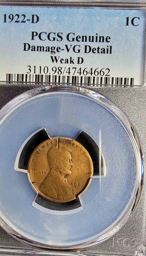 Lincoln Wheat 1c Cent Penny 1922-D Very Weak D Genuine Damage VG Detail